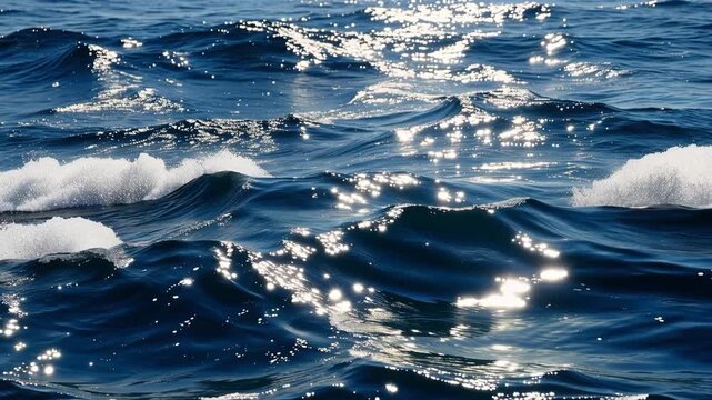 Sparkling sunlight reflecting across deep blue ocean waves in a detailed water background