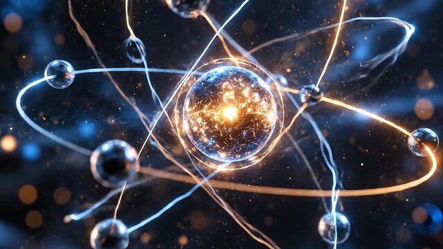 Glowing Atomic Model with Orbiting Electrons, Blue and Gold Science and Physics Animation