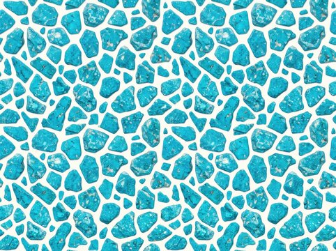 A continuous, geometric repeat pattern featuring turquoise, irregular polygon shapes resembling rough, organic stone fragments and pebbles, organic, textile, illustration