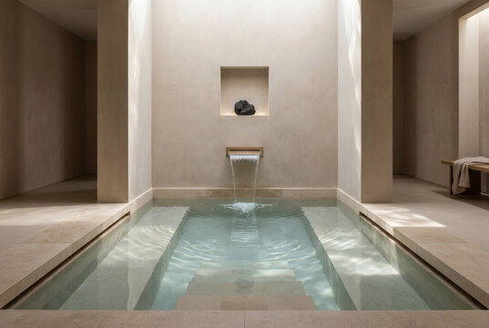 Modern microcement hydrotherapy bath with cascading water fountain