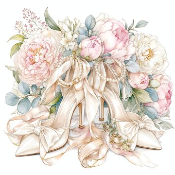 Ivory Bridal Heels With Satin Bows Under Cascade Of Peonies