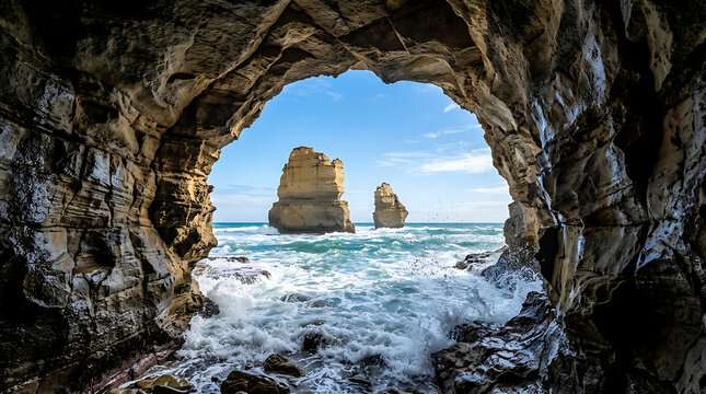 Rock cave opening framing ocean view with sea stacks and waves