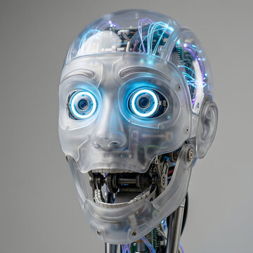 Transparent Animatronic Robot Head with Internal Wiring and Glowing Blue Eyes
