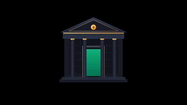 Architectural classical bank with fluted obsidian columns and gold details opens its paired doors in an eight second transparent loop.