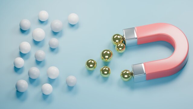 Pink U shaped magnet attracts golden spheres while white balls remain scattered on a soft blue background 3d