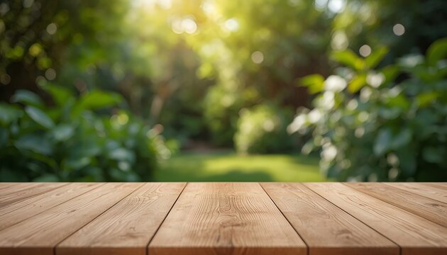 Rustic Wooden Table with Warm Brown Grain in a Lush Green Garden, Featuring Soft Foliage Bokeh, Dappled Sunlight and a Peaceful Natural Outdoor Background