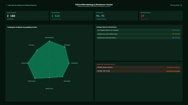 Microbiology Culture Incubation Resistance Tracker Dashboard UI Screen with Radar Chart 4K Loop on Dark Pine Background