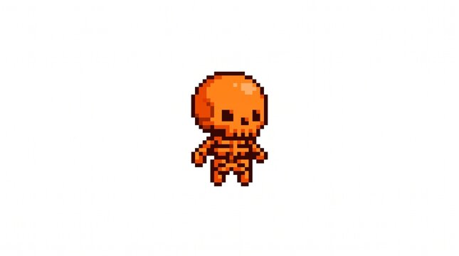 Cute pixel art orange skeleton character with a simple design on a white background
