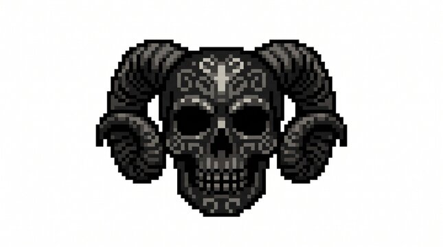 Pixel Art Illustration of a Dark Skull with Ram Horns and Intricate Patterns
