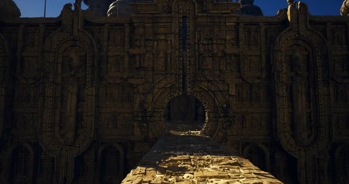 sunlit pathway leads to grand portal, massive carved doors sit recessed in ornate stonework, conservation team imagined assessing stability, scene majestic