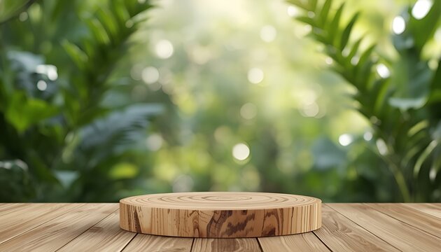Wooden Product Display Podium in a Minimalist 3D Render with Blurred Green Leaves Background, Natural Wood Texture, Soft Lighting and Elegant Botanical Atmosphere