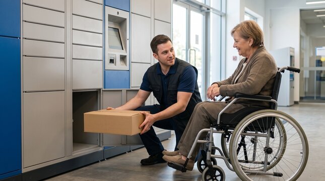 Delivery person helps elderly woman in wheelchair retrieve package from automated locker
