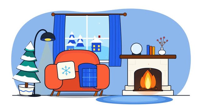 Cozy Winter Living Room Interior with Burning Fireplace Perfect for Christmas Marketing and Holiday Greeting Banners