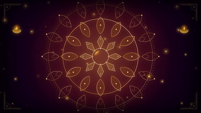 Golden diwali mandalas and diya lamps elegant sparkling light effect particles dark purple background high resolution festive greeting backdrop
