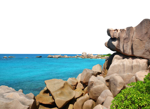 Granite rock on the La Digue Island isolated on transparent PNG background, Seychelles.	