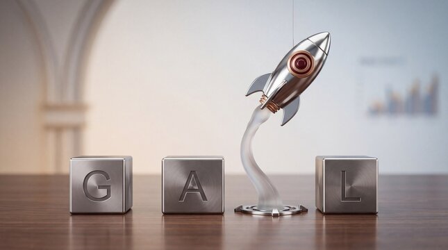 Concept of achieving business goals with a silver metallic rocket taking off from a wooden desk between chrome cubes spelling GOAL against a blurred office background representing success.