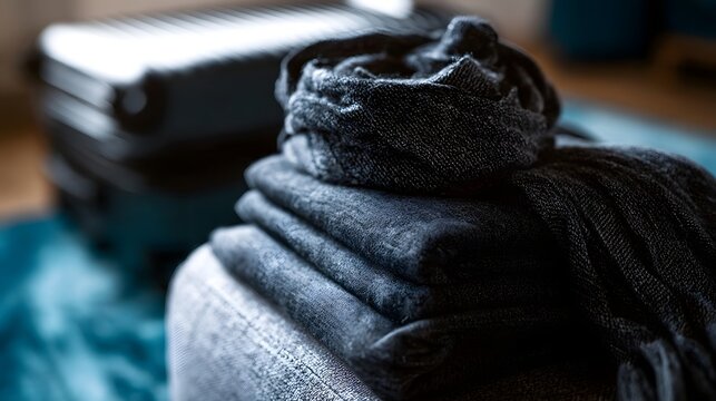 A neatly folded dark gray scarf and fabric stack rests beside a suitcase  ready for travel in soft natural light