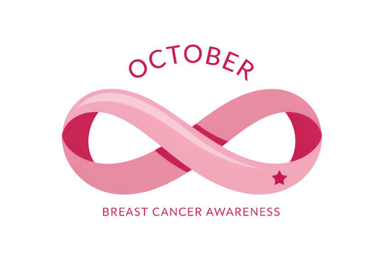 Pink infinity ribbon symbol for breast cancer awareness month, featuring text october and breast cancer awareness on a solid background