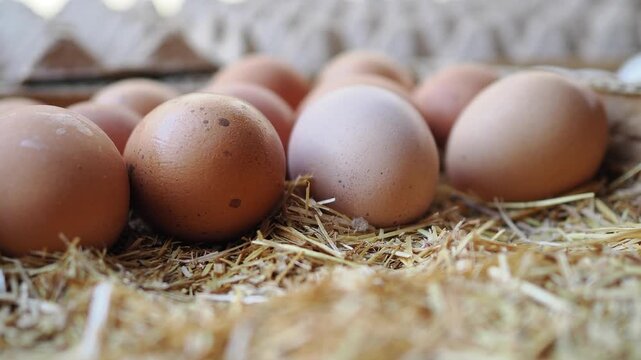 Brown eggs rest in straw inside a poultry nesting area