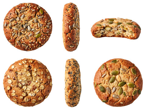 Wholesome multigrain cookies with seeds and oats arranged in a clean layout isolated on transparent background