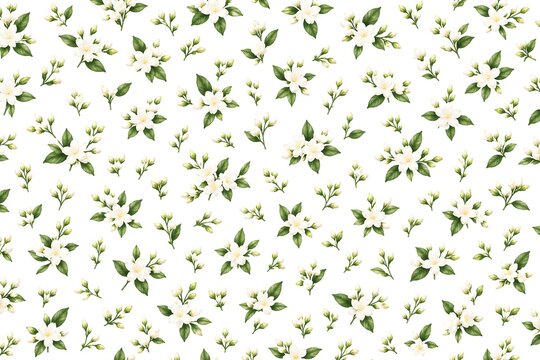 Watercolor jasmine flower seamless pattern with buds on white background