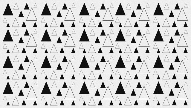 Seamless geometric triangle pattern featuring black filled shapes, thin outlines, and grainy texture background suitable for modern fabric print, wallpaper, and minimalist packaging design.