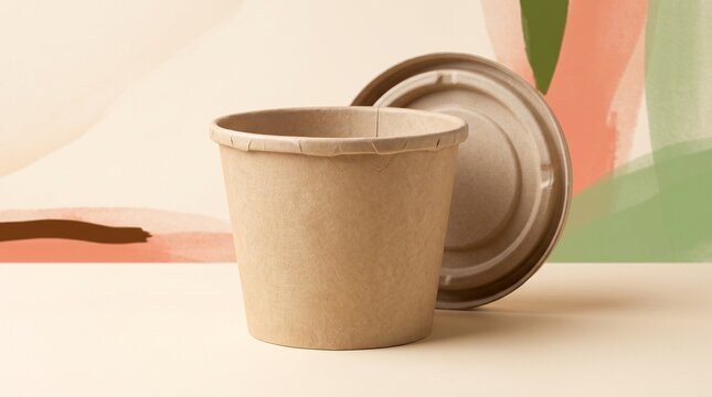 A reusable brown fiber bowl stands prepared for hot takeaway soups or fresh salads while its matching circular lid rests beside it on a kitchen counter surface within a vibrant home setting area