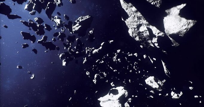 industrial mining rig among rocky asteroids, cutter arms and tethered platforms extracting ore, harsh metal glow, dust plumes, engineered structures contrasted