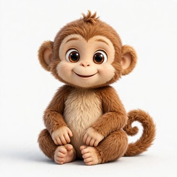 Cute 3D cartoon baby monkey sitting on white background