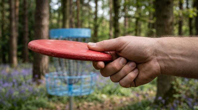Disc golf player holding a red frisbee, preparing to throw in a lush forest setting. Outdoor recreational sport, active lifestyle, and leisure activity in nature.