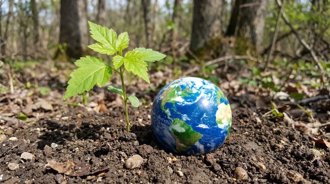 Vibrant green sapling growing in fertile soil next to tiny miniature planet earth globe symbolizing environmental conservation