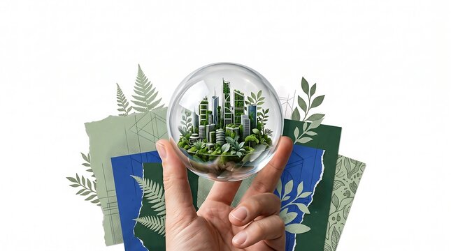 Premium Sustainability Editorial Photo Collage with Glass Sphere Containing Miniature Green City on White Background