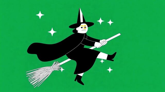 An animated witch in a black cloak and hat flies across a vibrant green background on a broomstick, surrounded by twinkling white magic stars.