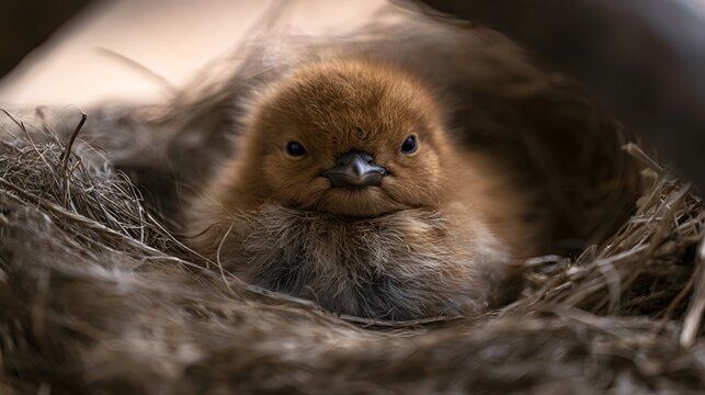 A young bird chick nestled in a soft  straw filled nest  gazing directly with dark eyes under warm  natural light