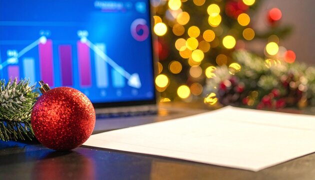 Christmas Business Strategy: A festive holiday scene blends business analysis with Christmas cheer, featuring a laptop displaying financial charts, a blank document, a glittering ornament.