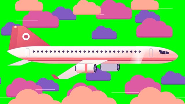 Flat vector illustration of a passenger airplane flying through colorful clouds against a vibrant green background for travel and aviation concepts
