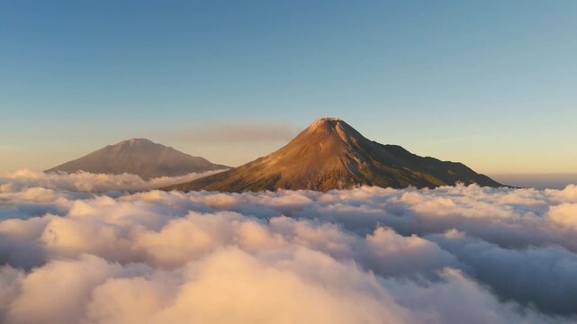 Aerial view of Mount Merapi peak rising above a sea of clouds at sunset in Indonesia 