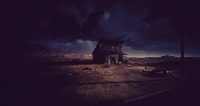 Deserted dwelling amidst endless shadowed plains, Secluded cabin at midnight stretching across shadowed landscapes with faint glow and complete quiet