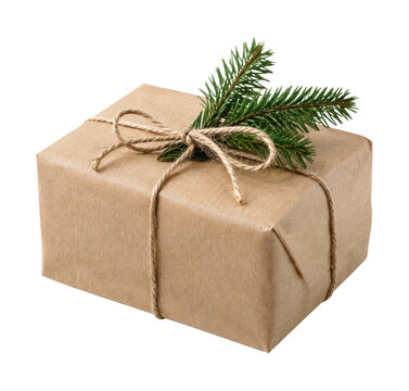 Simple brown paper gift box tied with twine and a fresh green fir branch, isolated on white
