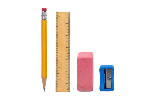 Classic yellow wooden pencil, a wooden ruler, a pink eraser, and a blue pencil sharpener are neatly arranged on a clean white background