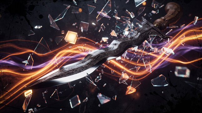 A traditional Indonesian wavy kris dagger floats elegantly amid orange and purple light trails