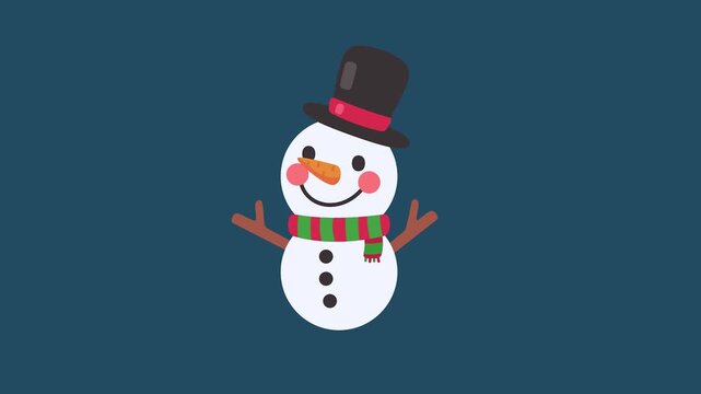 Cute cartoon snowman character wearing a top hat and scarf on a festive blue background