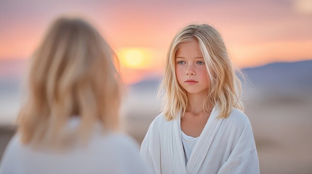 A blonde young girl in white clothing looking at another child on a beach during a soft golden sunset with mountain backdrop.Parenting and family blogs, children's fashion e-commerce websites