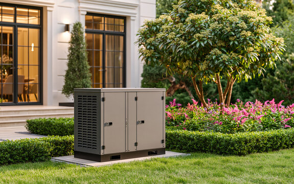 Modern emergency standby generator stands in luxury house garden. Powerful backup power unit ensures home electricity during outage. Reliable silent machine installed in manicured backyard