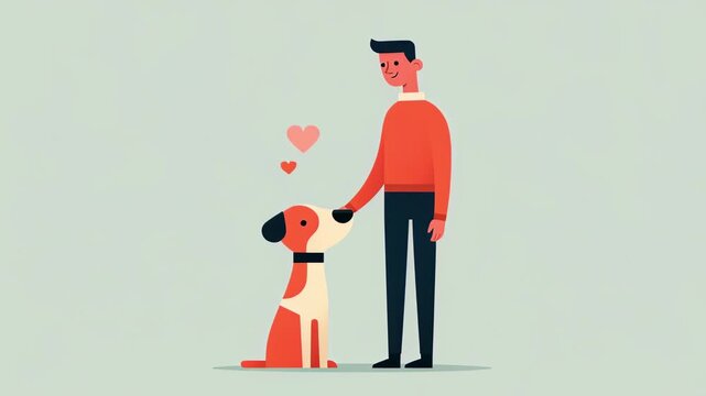 Flat design animated illustration of a smiling man showing affection and love to his faithful dog, with hearts floating above them, representing their unbreakable bond and friendship
