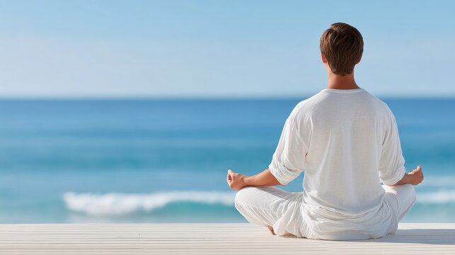 A man dressed in white sits in a lotus position meditating on a wooden platform overlooking a calm blue ocean shore.Yoga studios, wellness and mindfulness blogs, mental health platforms