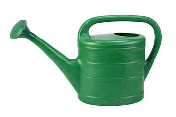 Vibrant green plastic watering can with a long spout and wide handle is prominently displayed against a clean white background © no one