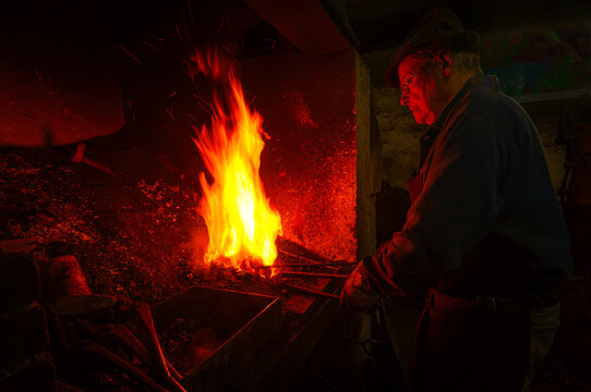 Senior blacksmith heating metal in open forge fire with glowing flames in traditional workshop