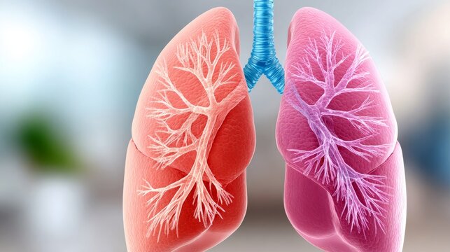 A 3D anatomical model of human lungs showing detailed bronchial trees in pink and red tones connected to a blue trachea.Medical and healthcare blogs, pulmonology clinic websites, respiratory health 
