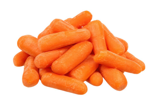 Large pile of bright orange baby carrots, fresh and peeled, is neatly arranged on a clean white background